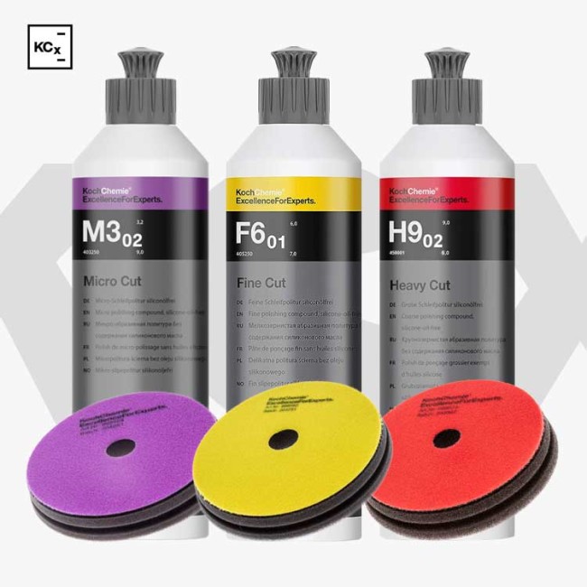 Koch Chemie Politur Set Heavy Cut H9.02 (250ml) + Fine Cut F6.01 (250ml) + Micro Cut M3.02 (250ml) + Polierpads Ø 126 mm x 23 mm